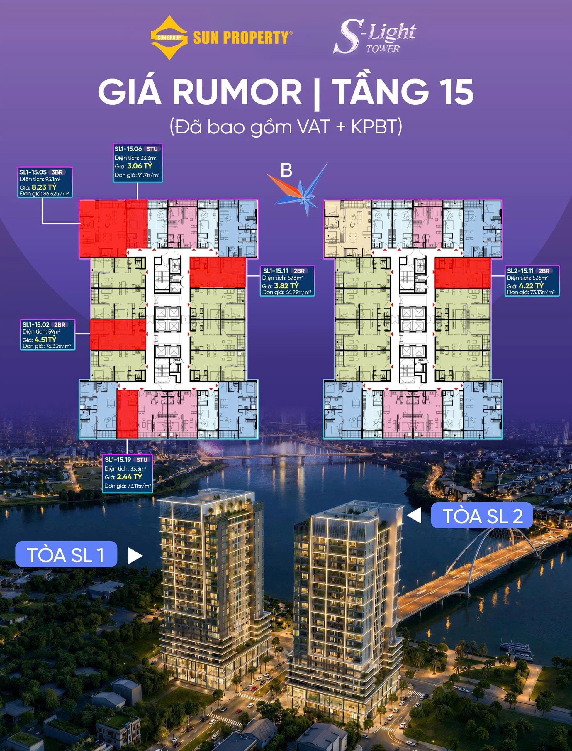 Giá Rumor Tầng 15 - S-Light Tower căn hộ mặt sông Hàn