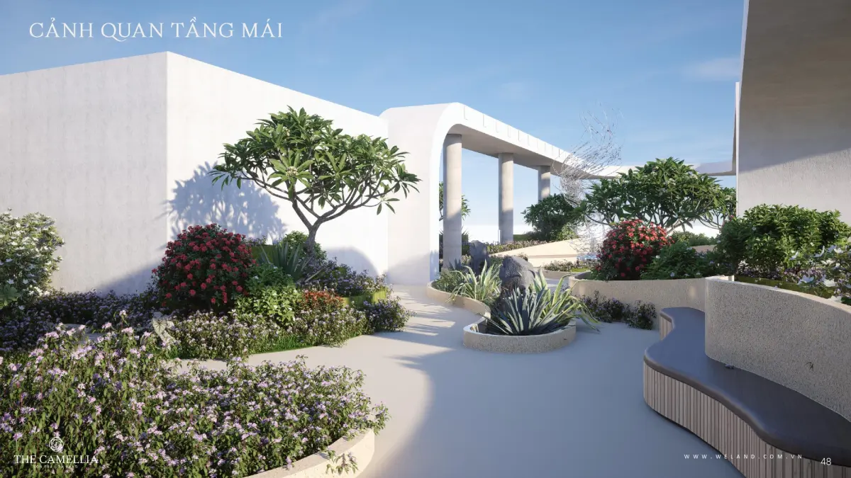 Phối cảnh vườn cảnh quan trên tầng mái The Camellia Sơn Trà với lối đi, cây xanh và ghế nghỉ